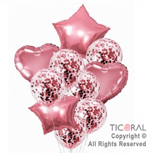 SET DE GLOBOS METALIZADOS Y LATEX CON CONFETI ROSA x 10 UNIDADES